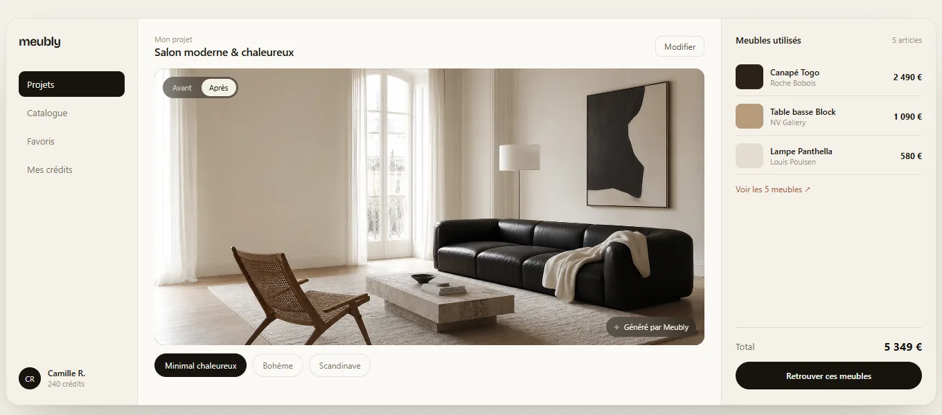 Interface de Meubly : salon réaménagé et liste des meubles